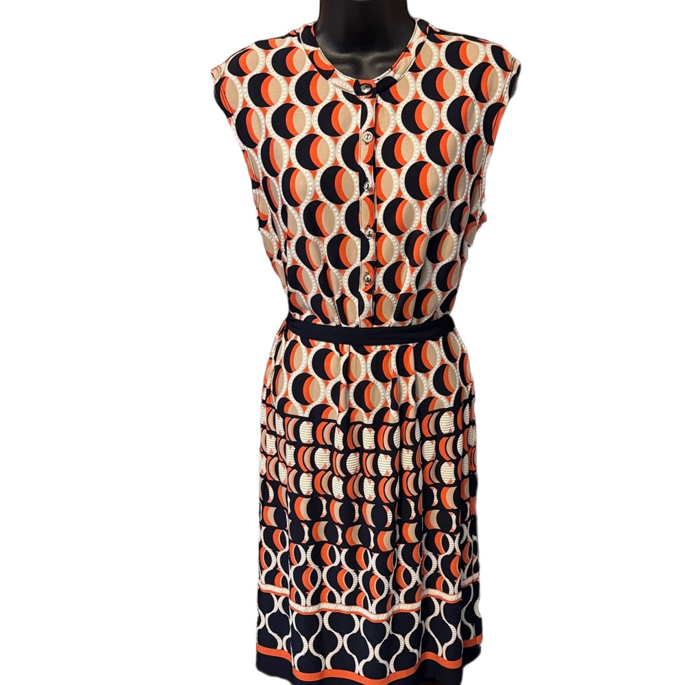 En Focus Studio Geometric Orange and Navy Belted Midi Sleeveless Dress